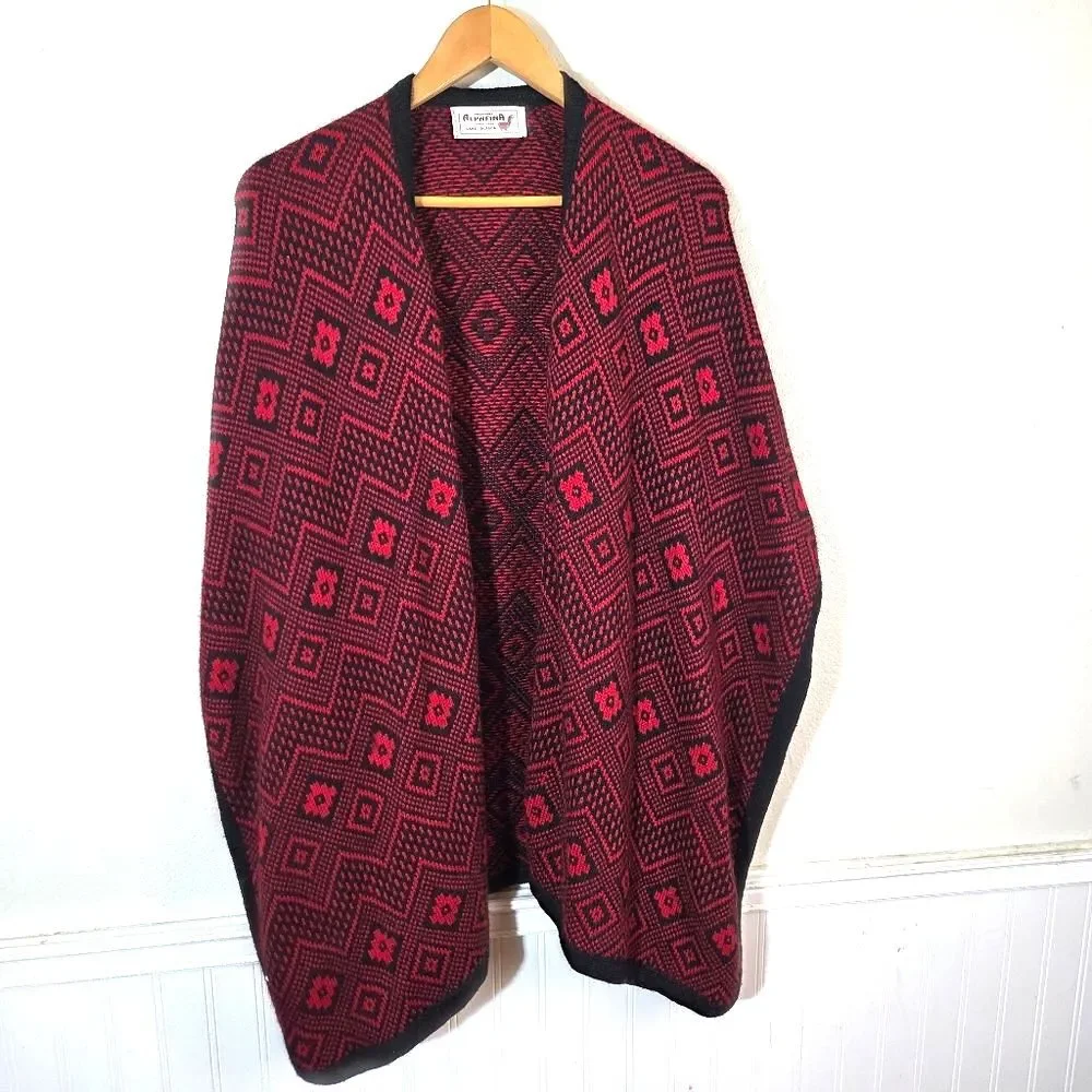 Alpafina Alpaca Shawl Wrap Red Black Geometric Poncho Cape One Size Peru